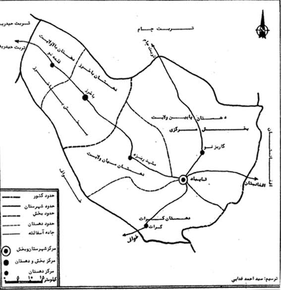 نقشه‌ی شهرستان تایباد به تفکیک بخش و دهستان